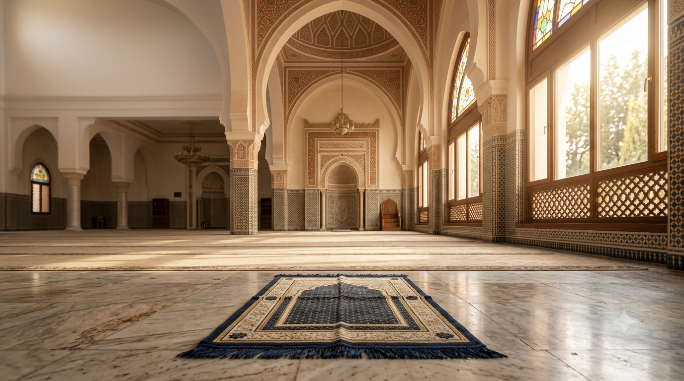 Peaceful mosque interior with a prayer rug representing the importance of Salah in Islam